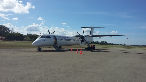 JamboJet DASH8-400 at Ukunda Airport in April, 2015.