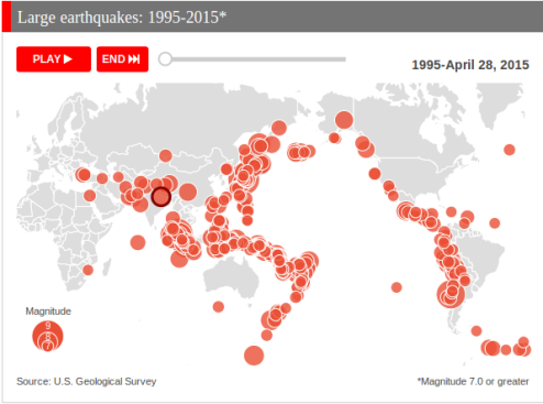 Occurrence of big earthquakes (magnitude 7.0 or above) since 1995. Figure by The Economist.