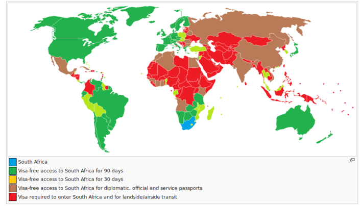 Visa requirements to South Africa. The map shows that tourists from most American or European can visit South Africa visa-exempt, while nationals of only a handful of (mostly Southern) African countries are able to visit the country visa-free. Picture from Wikipedia. 